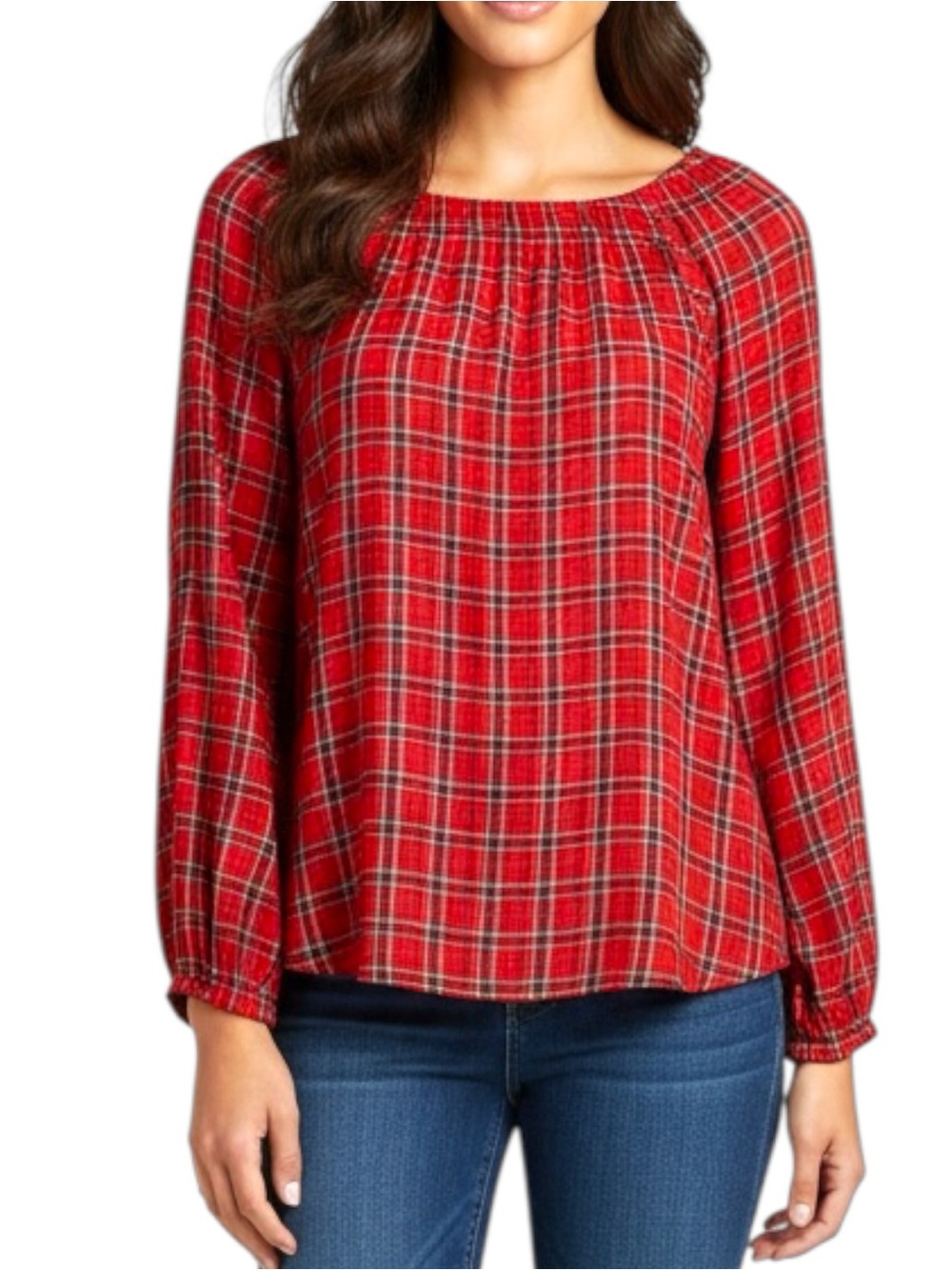 Ann Taylor LOFT Red Plaid Metallic Gold Long-Sleeve Peasant Blouse Top